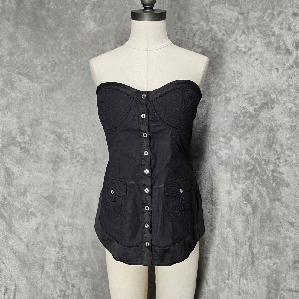 Vtg Y2K 2b bebe Top Women M Black Button Front Strapless Smocked Alt Steampunk
